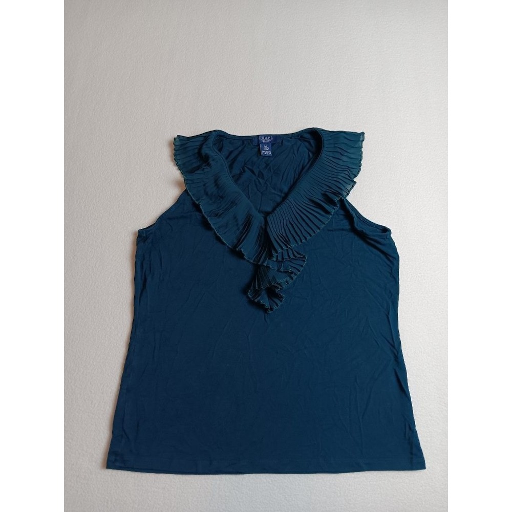 CHAPS Petite P/L Teal Blue Ruffle V-Neck Sleeveless Top Pleated Womens